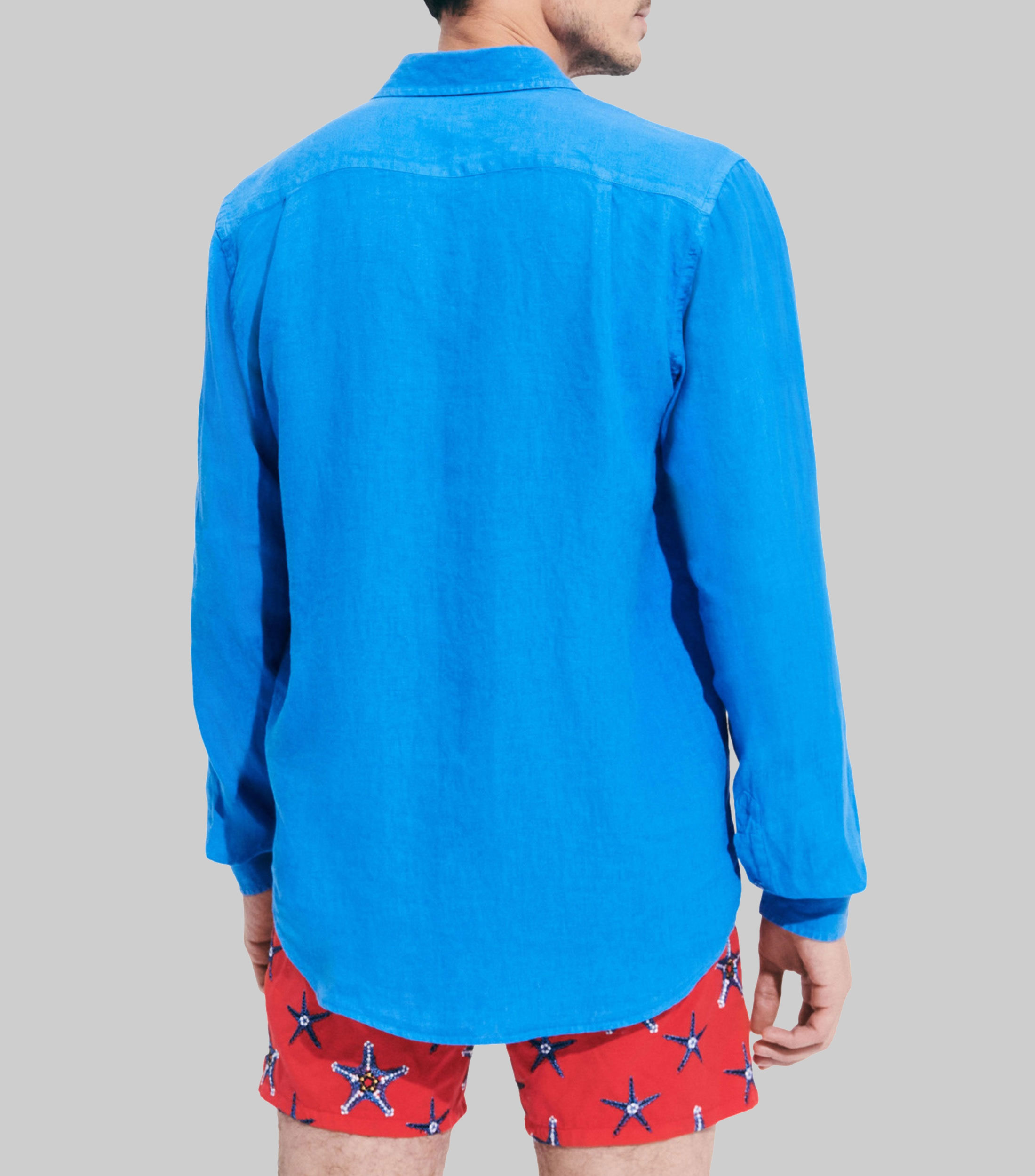 Camisa azul de lino manga larga Hombre